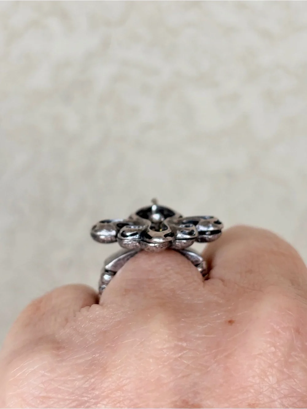Fleur-de-Lis Silver Tone Statement Ring with Clear Dangling Stones